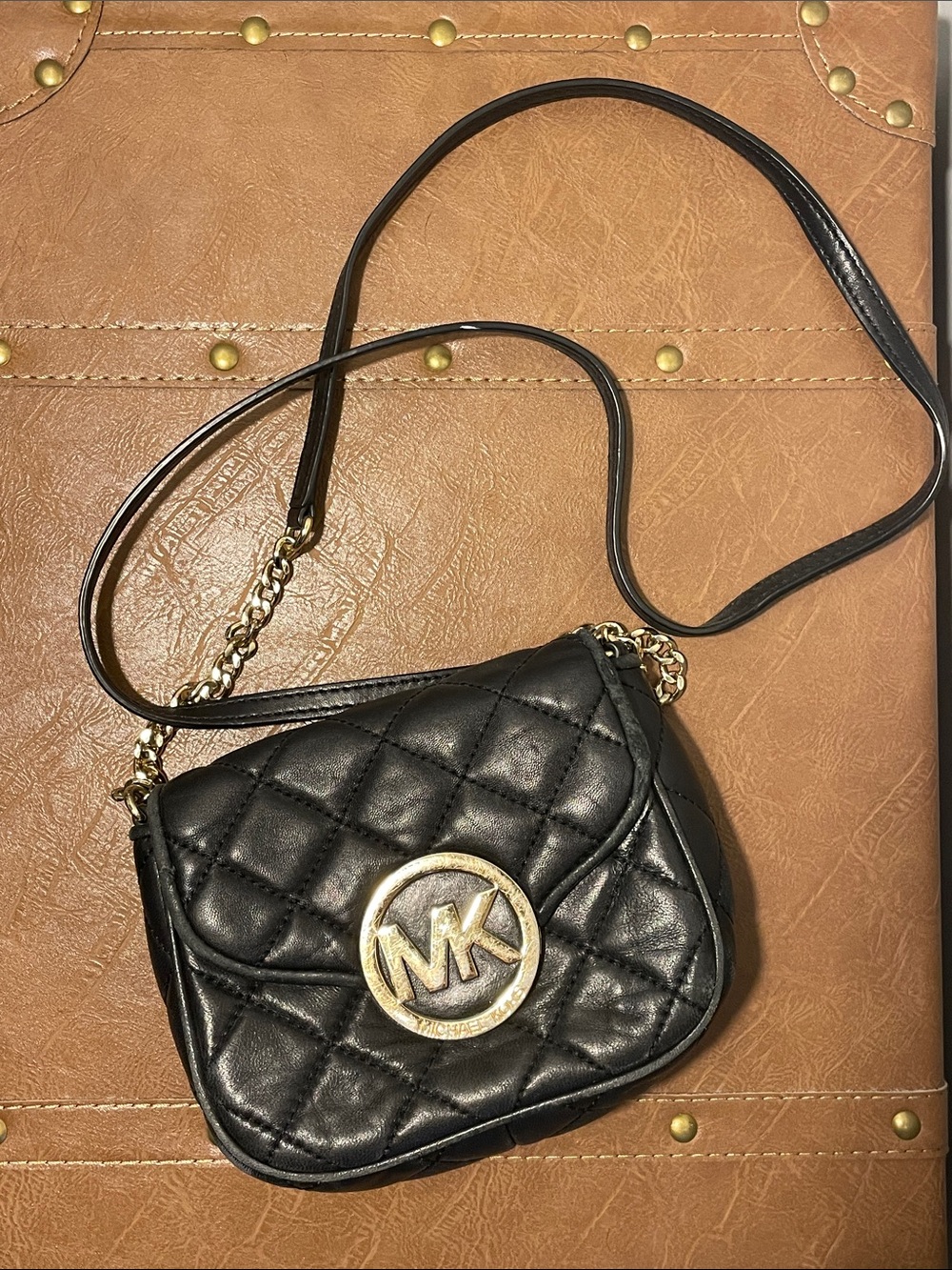 Used Michael Kors Black Quilted Crossbody Bag with Gold Logo